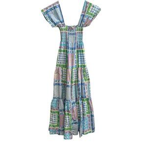Vintage Mistra Dress OS Blue Patchwork Tiered Maxi Sundress Smocked Cottagecore